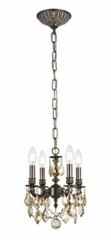 Pewter and Gold Teak Crystal Ceiling Pendant Chandelier Light  