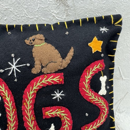 Felted Embroidered Christmas Dogs Pillow 8”x10” Applique Beaded - Picture 2 of 11