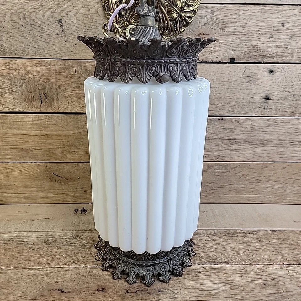 MCM Hanging Light Fixture Ornate Milk Glass & Brass Gothic Revival Swag Lamp #1 - Image 2 of 4