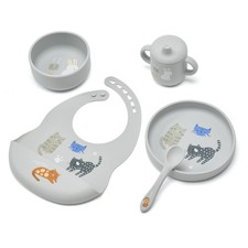 5 PCS Silicone Baby Feeding Set Led Weaning Supplies Utensils Starter Gray