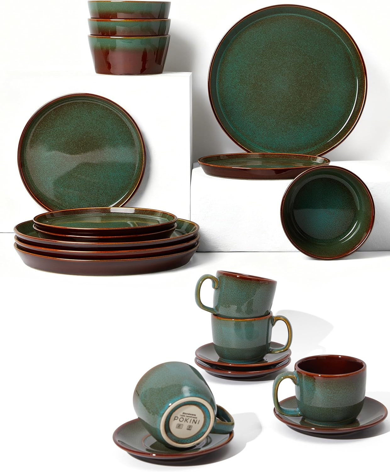 With Coffee Cups And Saucers - Brown & Green