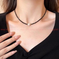 New Pretty Faceted 3mm Black Spinel Gems Natural White Pearl Necklace16-24in