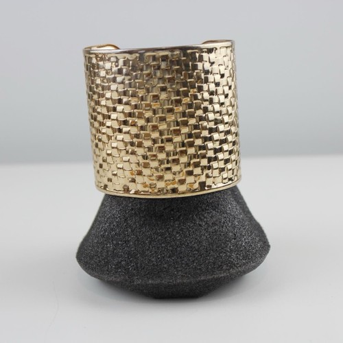 Gold Tone Cuff Bracelet - Textured Woven Pattern - Cut-Out Detail - Picture 7 of 8