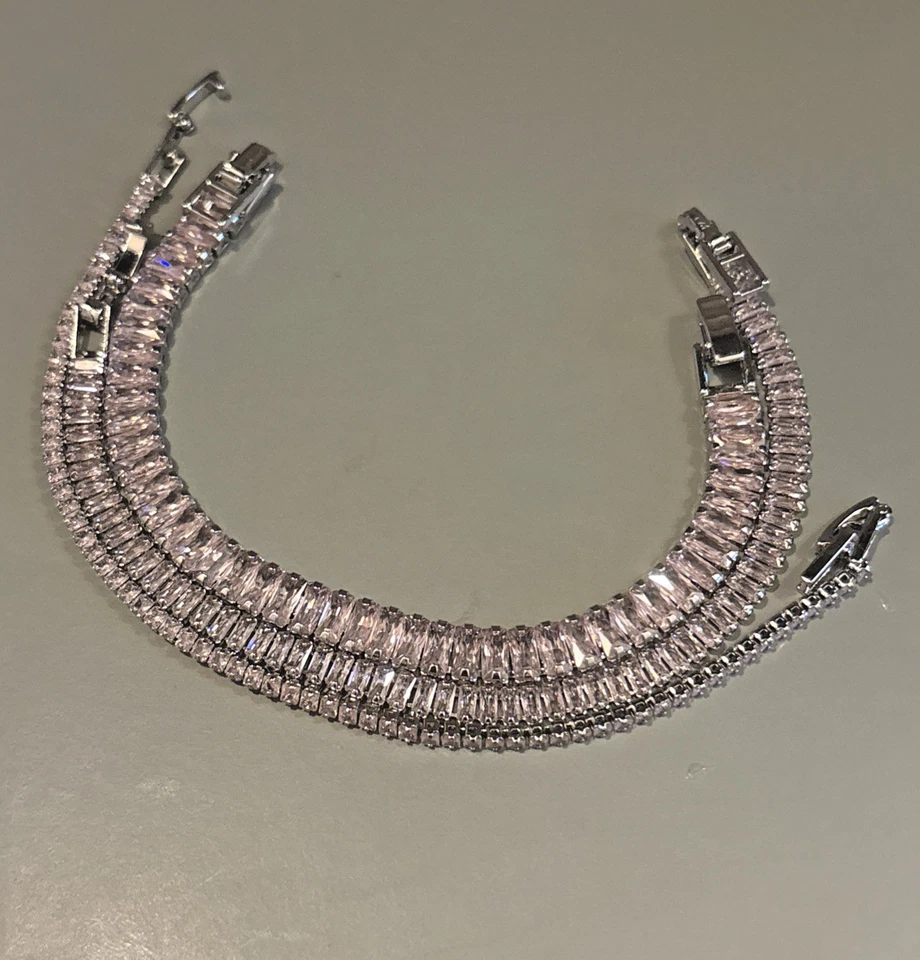 Juego de 3 piezas apilables de pulseras de tenis enchapadas en oro blanco de 18k AAA bebé rosa circonita Foto 2 de 4