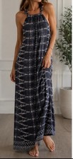Athleta Santana Halter Maxi Dress SZ XS Gray Aztec Built-in Bra Boho Coastal EUC