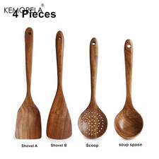4/7Pcs Teak Natural Wood Tableware Spoon Ladle Turner Long Rice Colander Soup