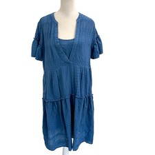 Sundance Embroidered Tiered Popover Short Sleeve Dress Ocean Blue size Medium
