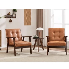 CANMOV Mid Century Modern Accent Chair, Tufted Faux Leather Armchair,Set of 2