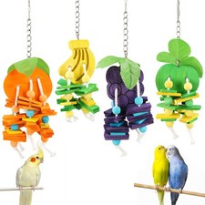 4 Pack Bird Chew Toys Fruit Shape Wood Hanging Cage Toy for Parrot Budgie