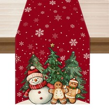 Winter Red Snowman Gingerbread Man Christmas Tree Xmas Table Runner Table Dec...