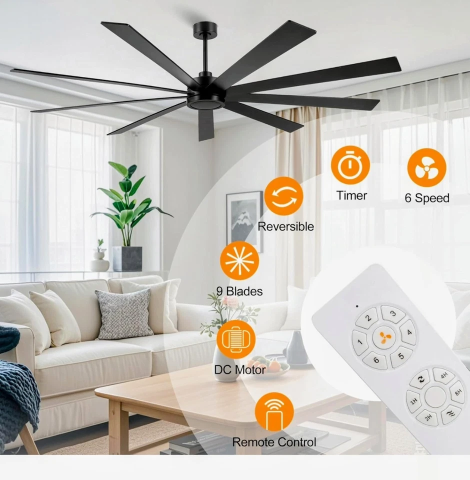 ELEHINSER 84" Ceiling Fan, 9 Wood Blades, No Light, 6 Speed, W/Remote - Image 4 of 4