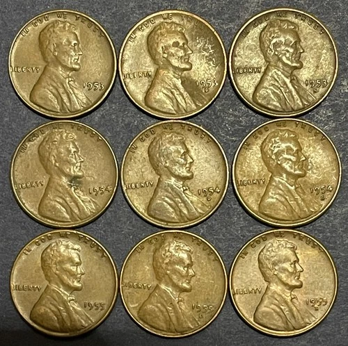 Lincoln Cents. Lot Of 9. 1953, 54, 55 P, D, S. Maybe Fine Or Better Condition
