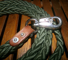 Dog Leash Braided Green w/ Reinforced Leather Metal Clip Loop Handle 5' EUC