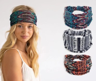 Boho Stretch Wide Hair Bands l Black l Knotted Turban for Women Hair Wrap l 3 Pc