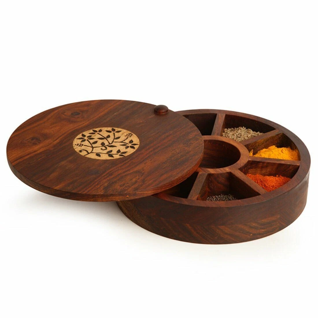 New Wooden 2.3 Inches Round Shape Spice Rack Box With 8 Compartments