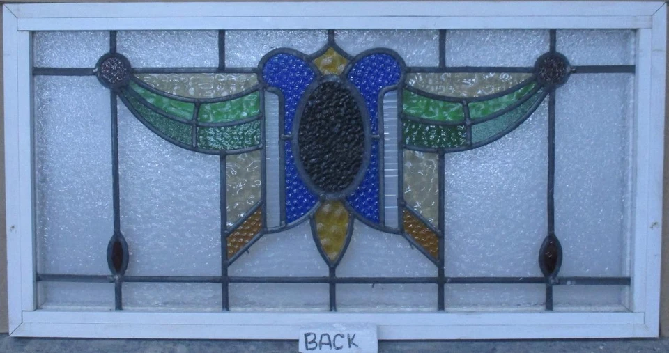 COLORFUL ABSTRACT ENGLISH LEADED STAINED GLASS WINDOW TRANSOM 34 1/2" x 17 3/4" - Image 3 of 3