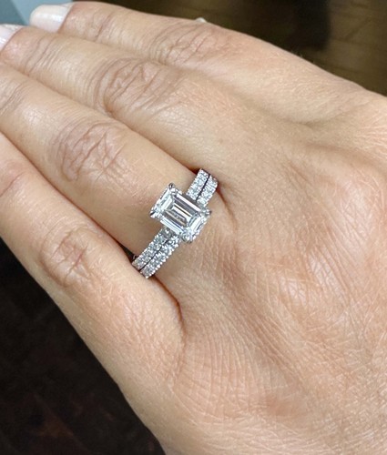 Emerald Simulated Diamond Engagement Ring And Band 14K Solid White Gold 2.55ctw - Picture 4 of 10