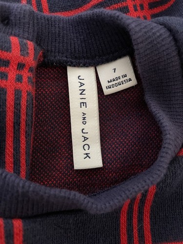 Janie and Jack JACQUARD WINDOWPANE DRESS Girls Size 7 Button Navy Red Flare EUC - Picture 4 of 5