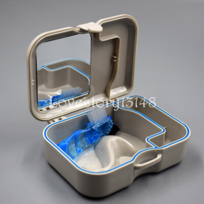 1x Dental Denture Storage Box Container With Mirror and Clean Brush Appliance