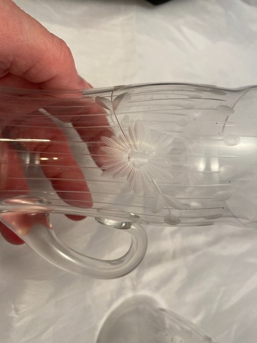 Antique Farm Estate Hand Blown Glass Etched Flowers Two Mugs Whimsy 4.75 Inches - Picture 11 of 11