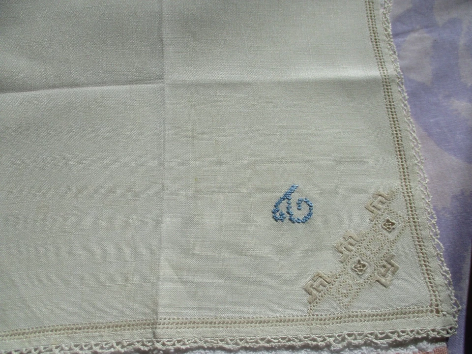Винтажный бежевый носовой платок с ручной монограммой «T» синий - Изображение 3 из 4