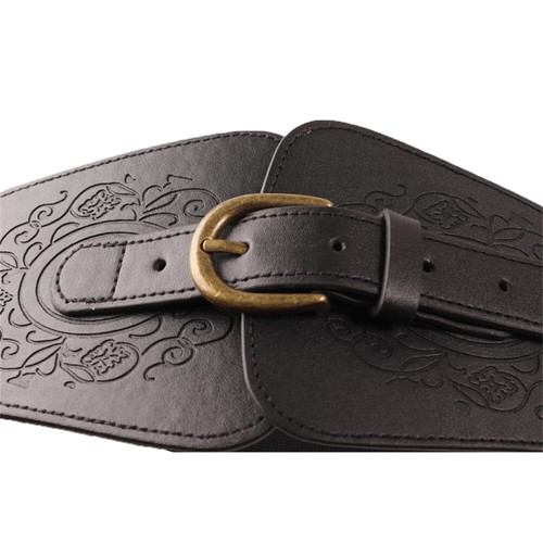 Women Embossed Faux Leather Elastic Waistband Belt Bronze Pin Buckle Wide Corset - Picture 5 of 12