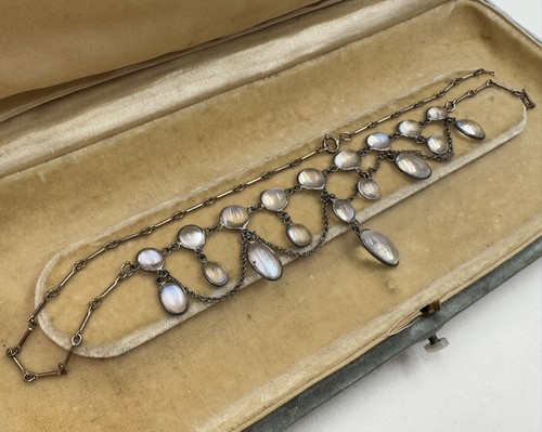 ANTIQUE EDWARDIAN MOONSTONE NECKLACE STERLING SILVER CHAIN SPRING RING CLASP 16" - Picture 6 of 12