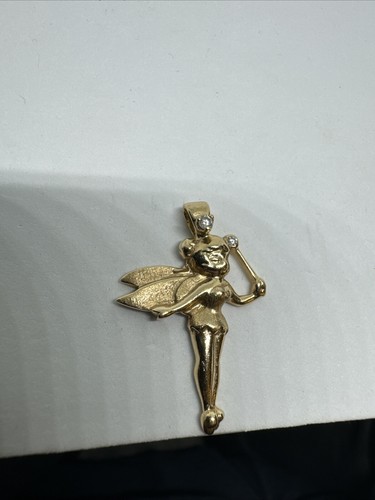 14K VINTAGE DISNEY SOLID YELLOW GOLD &CZ CUBIC ZIRCONIA TINKERBELL PENDANT 3.57G - Picture 7 of 12