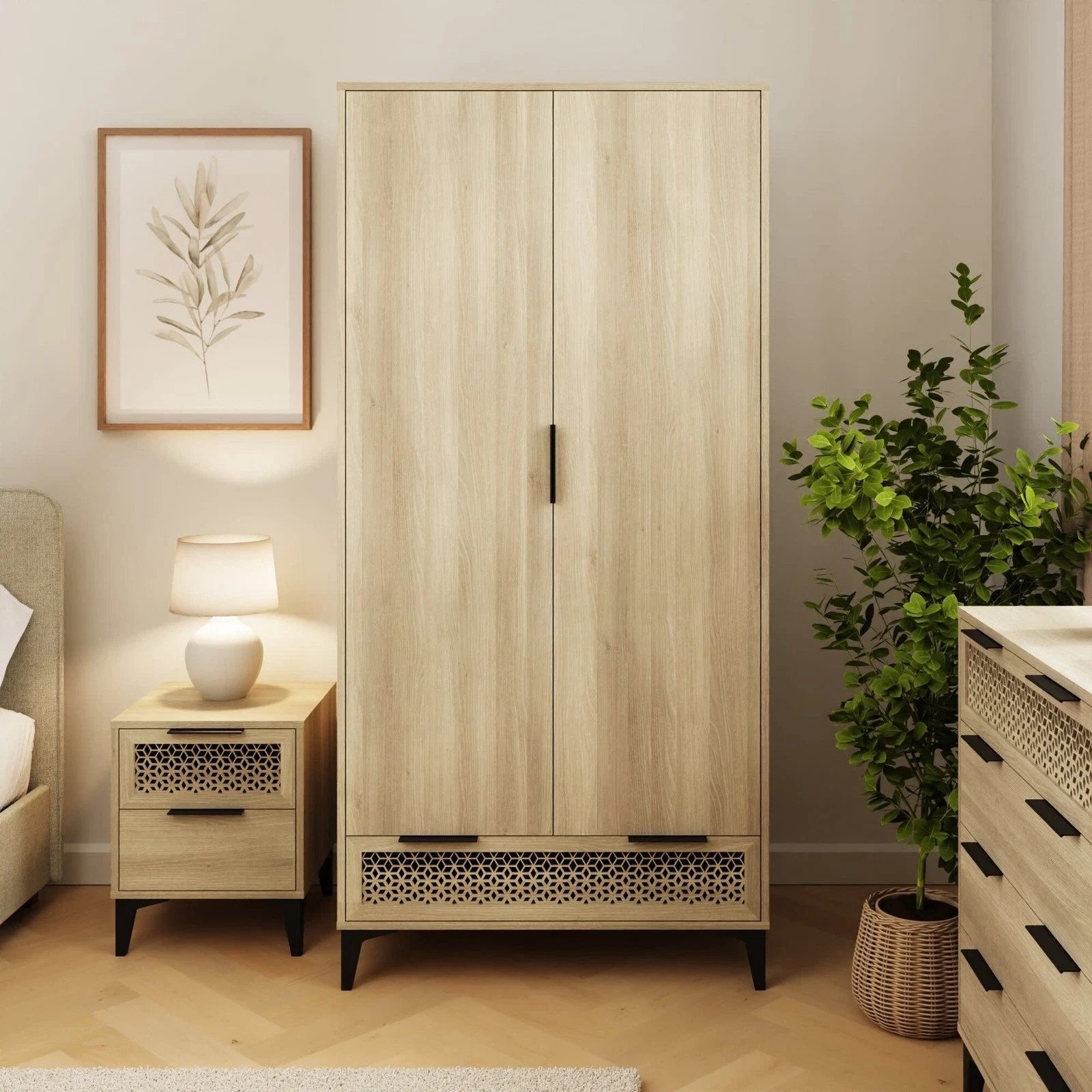 Ezra 2 Door 1 Drawer Wardrobe Oak Modern Stylish Decorative Bedroom Furniture
