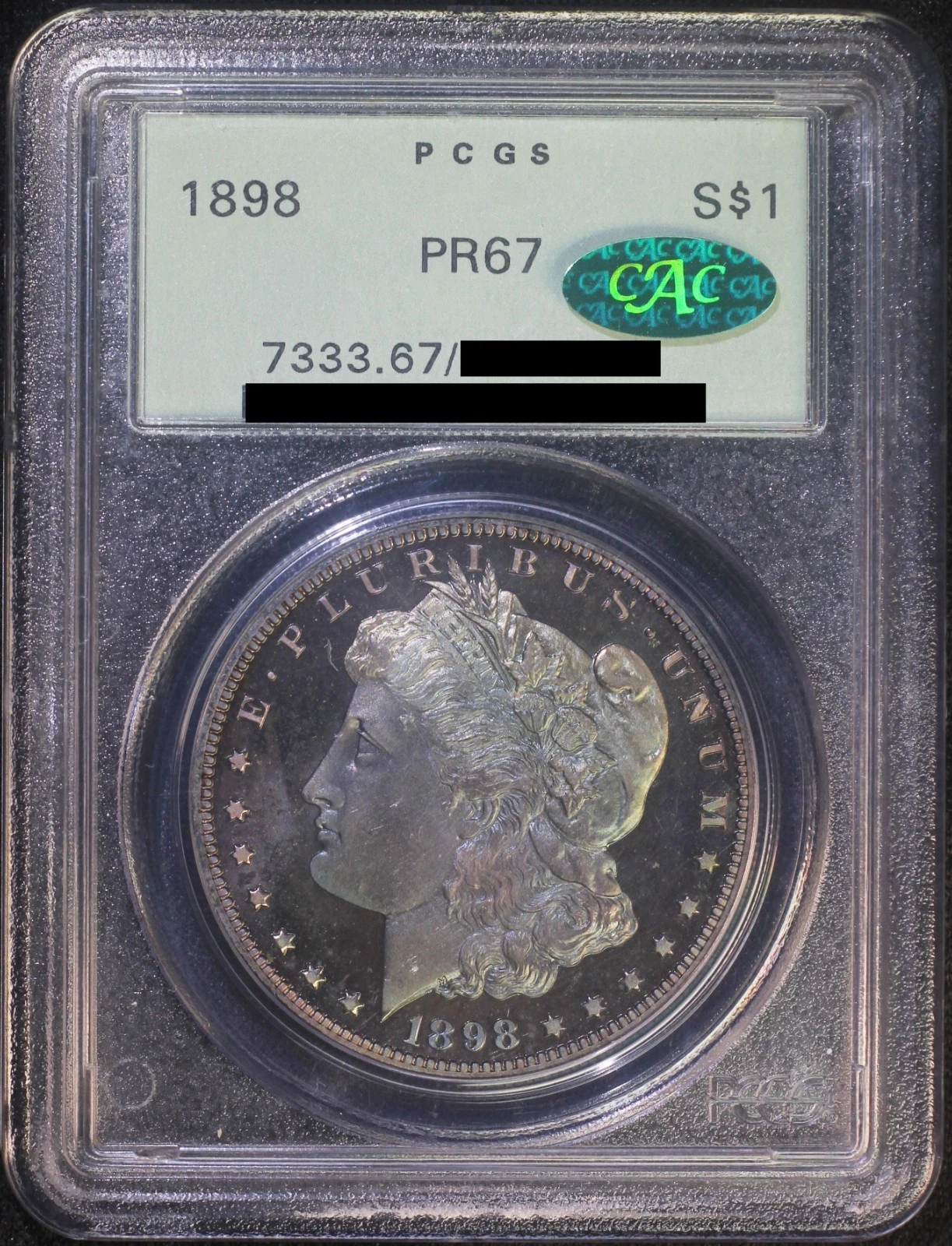 1898 Morgan Silver Dollar PCGS PR67 CAC Colorful Green Toning Frosty Devices OGH