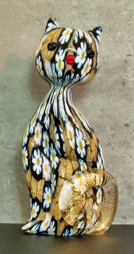 Vintage Murano Glass Cat Figurine - Millefiori & Gold Aventurine - 4.5" Italy