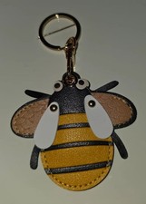 HONEYBEE FAUX LEATHER BAG CHARM KEYCHAIN BLACK YELLOW GOLD HARDWARE