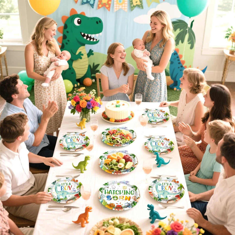 96 piezas platos y servilletas de dinosaurio decoraciones de baby shower acuarela dinosaurio di Foto 4 de 4