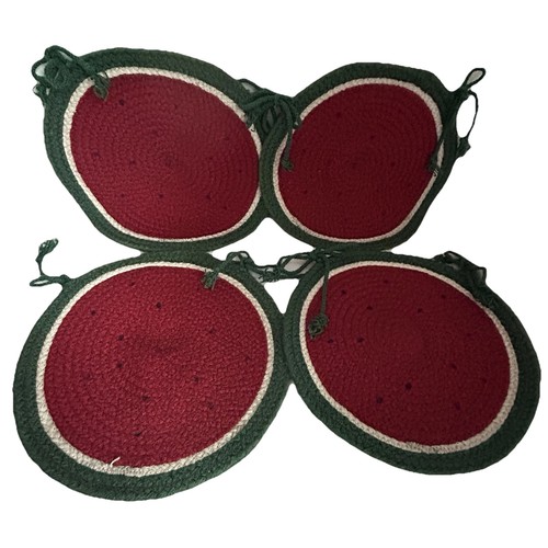 4 vintage chair pads watermelon slice round woven braided seat cushion SET LOT
