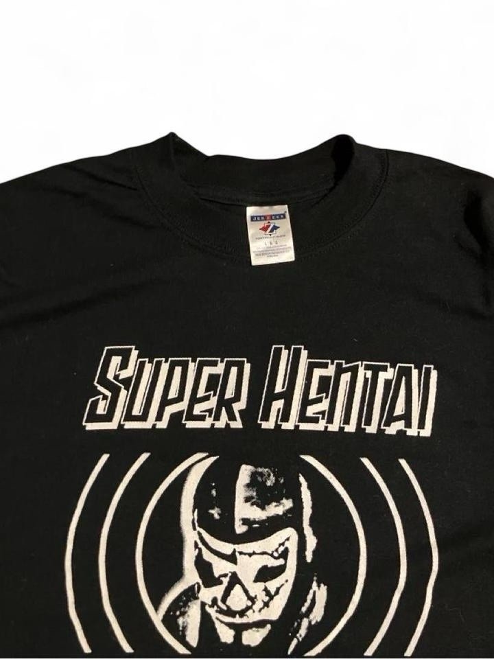 Camiseta De Colección Jerzees Y2K Para Hombre Negra "Super Hentai" Luchador Gráfico 2004 Cuello Redondo L