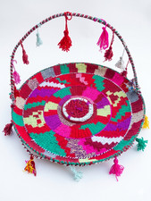 Vintage Handmade Palestinian Jordanian Embroidered Straw Basket Tray Boho Wall