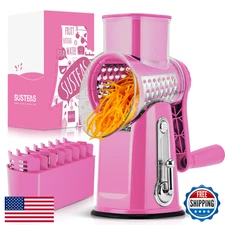 SUSTEAS Rotary Cheese Grater 5-Blade Vegetable Shredder Slicer Suction Base Pink