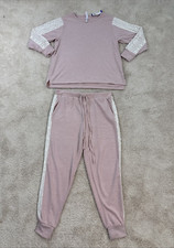 Flora Nikrooz 2 Piece Long Sleeve Lounge Pajama Set Woman L Pink Lace Comfort