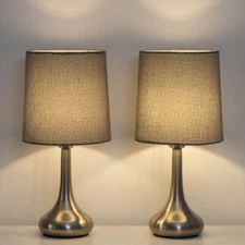 Set of 2 Modern Bedside Table Lamps with Gray Fabric Shade for Bedroom, Office