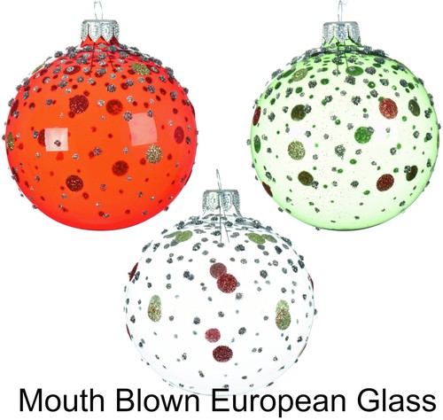 Ornamenti Vetro Soffiato Punti Glitter Trasparente - Set di 3 Rosso, Verde e Trasparente - Foto 5 di 7