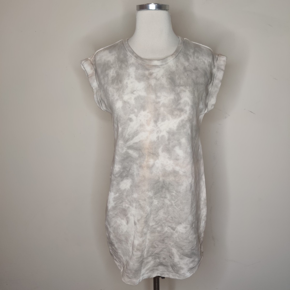 Lou & Grey Tie Dye Mini Dress Women's XS Cuffed Sleeve Cotton Taupe