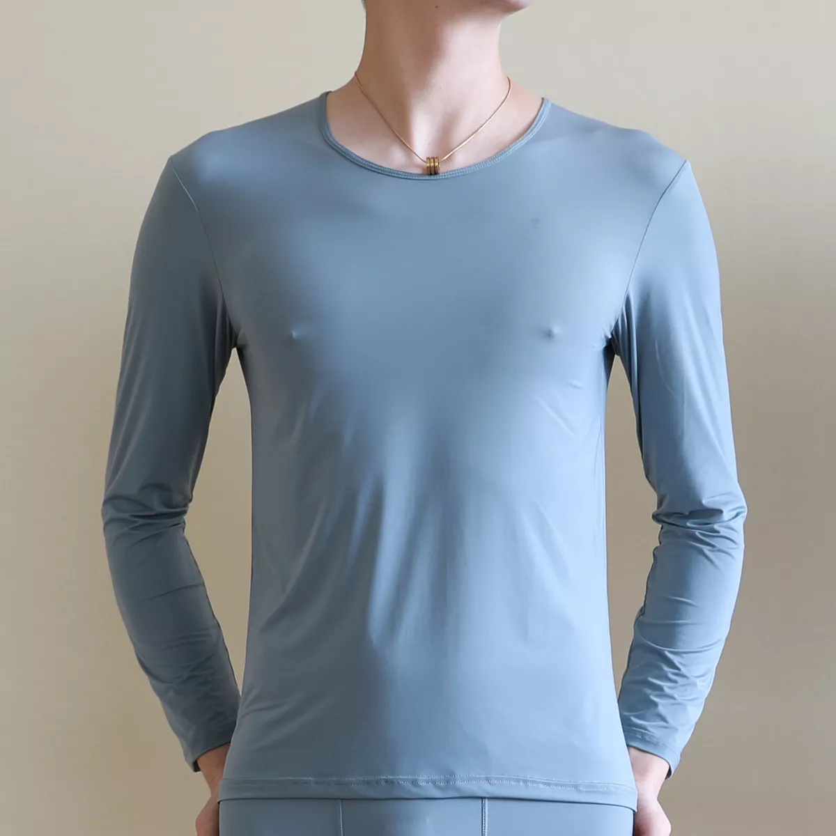 Mens Long Sleeve Tops Ice Silk Baselayer T-Shirt Thin Pajamas Shirts  Nightwear