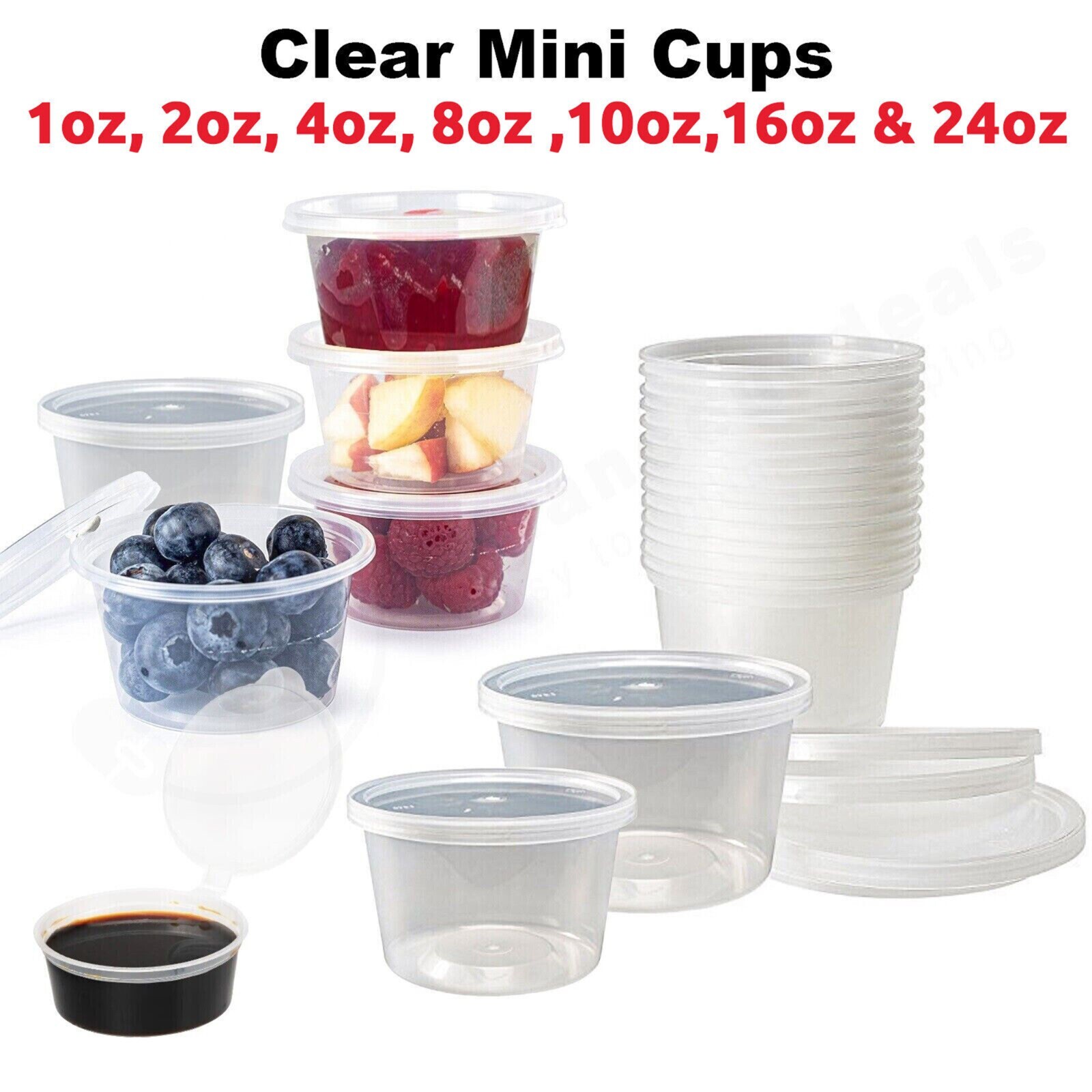50 Clear Round Cups with Lids Plastic Tubs Food Containers Sauce Deli ...