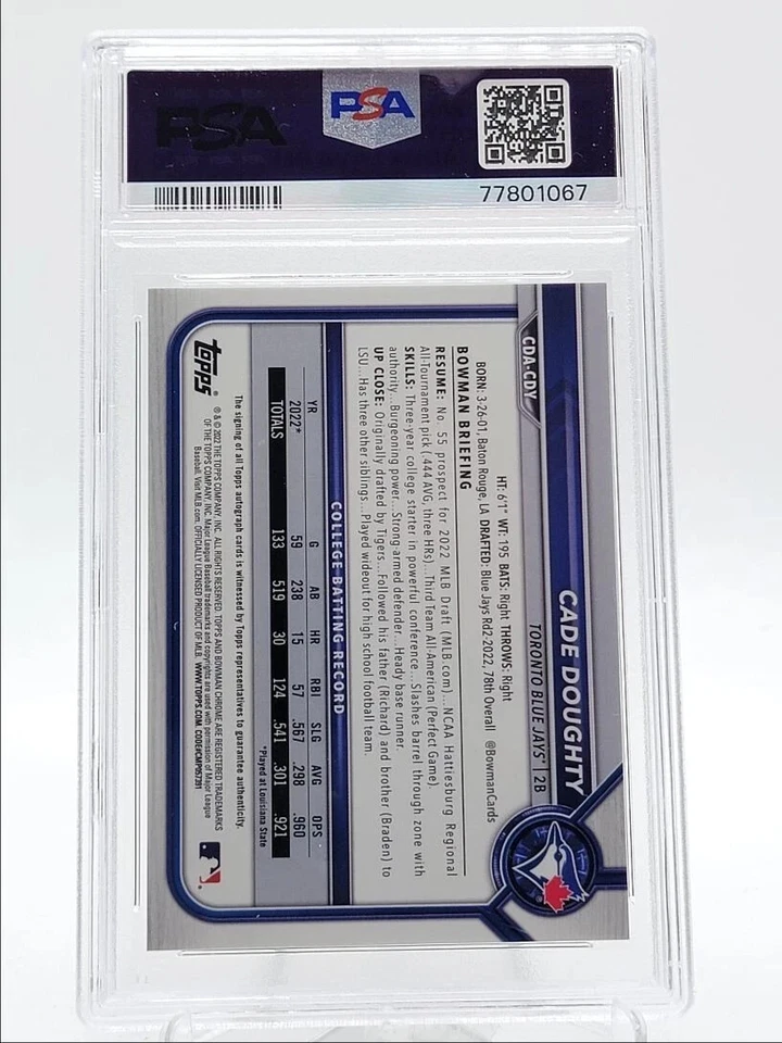 CADE DOUGHTY 2022 BOWMAN CHROME DRAFT 1ST AQUA LAVA AUTO #192/199 PSA 10 - Image 2 of 2