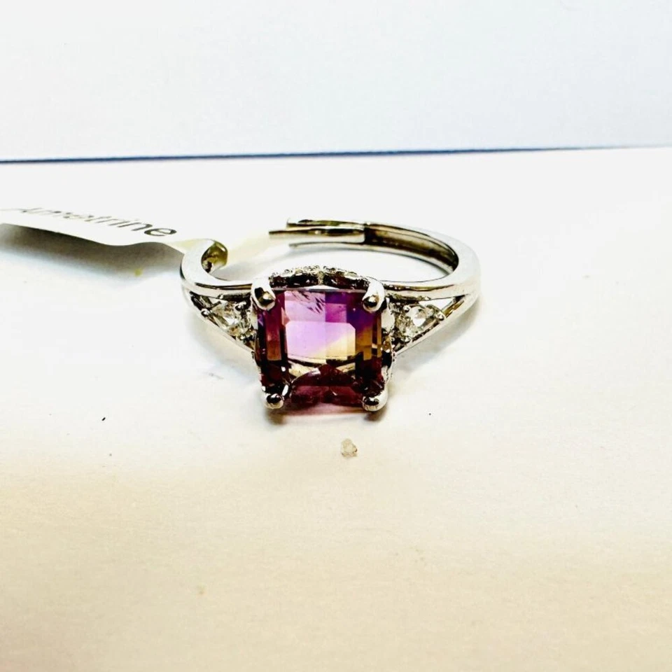 Anel de cristal ametrino quadrado prata esterlina 925 autêntico | Proteção da paz e - Imagem 2 de 2