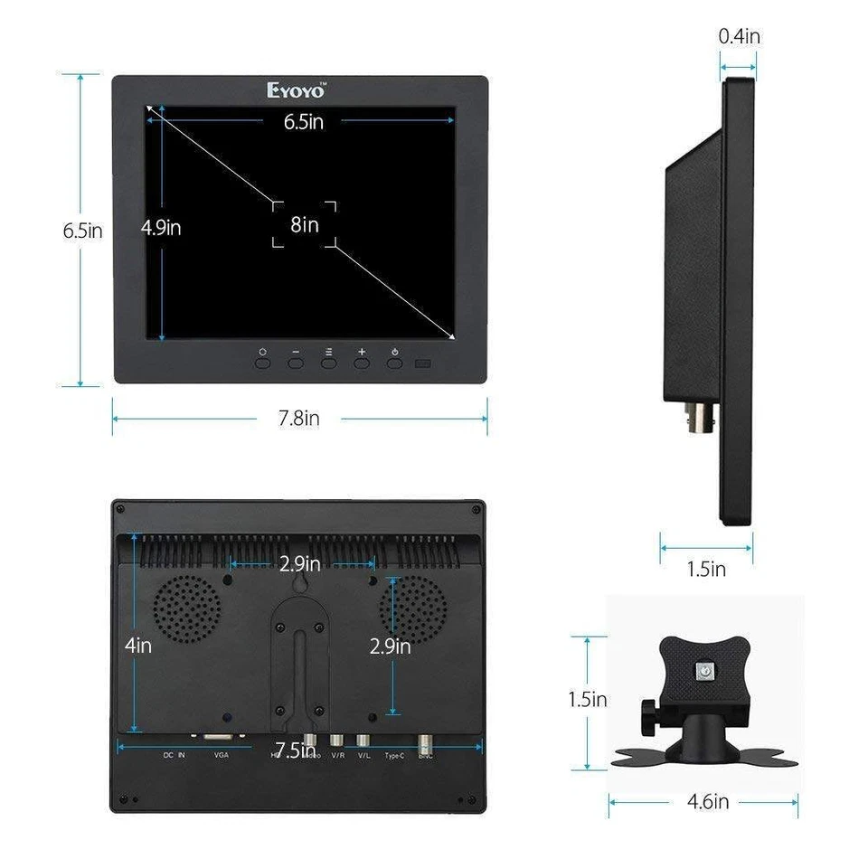 Eyoyo 8In HDMI Monitor Video Screen 4:3 TFT LCD VGA BNC AV Ypbpr Input for CCTV - Image 3 of 4