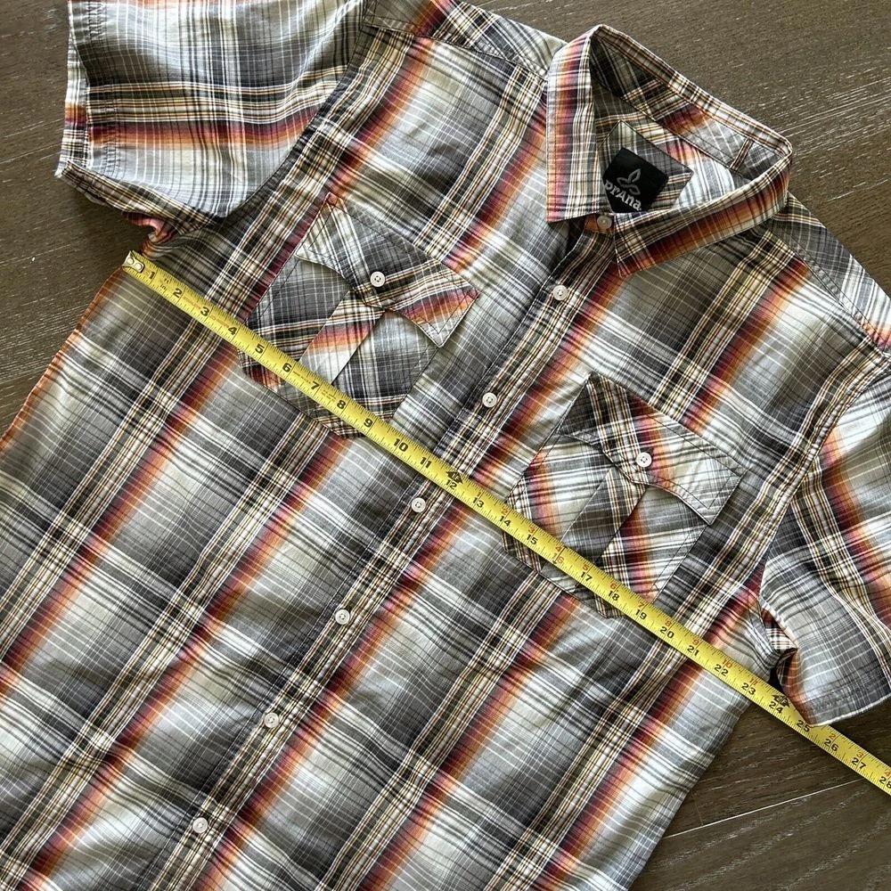 prana breathe plaid button up short sleeve red shirt