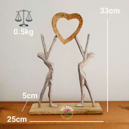 Lovers Holding Heart Ornament Mango Wood Metal Sculpture Figurine Modern Gift - Picture 7 of 11