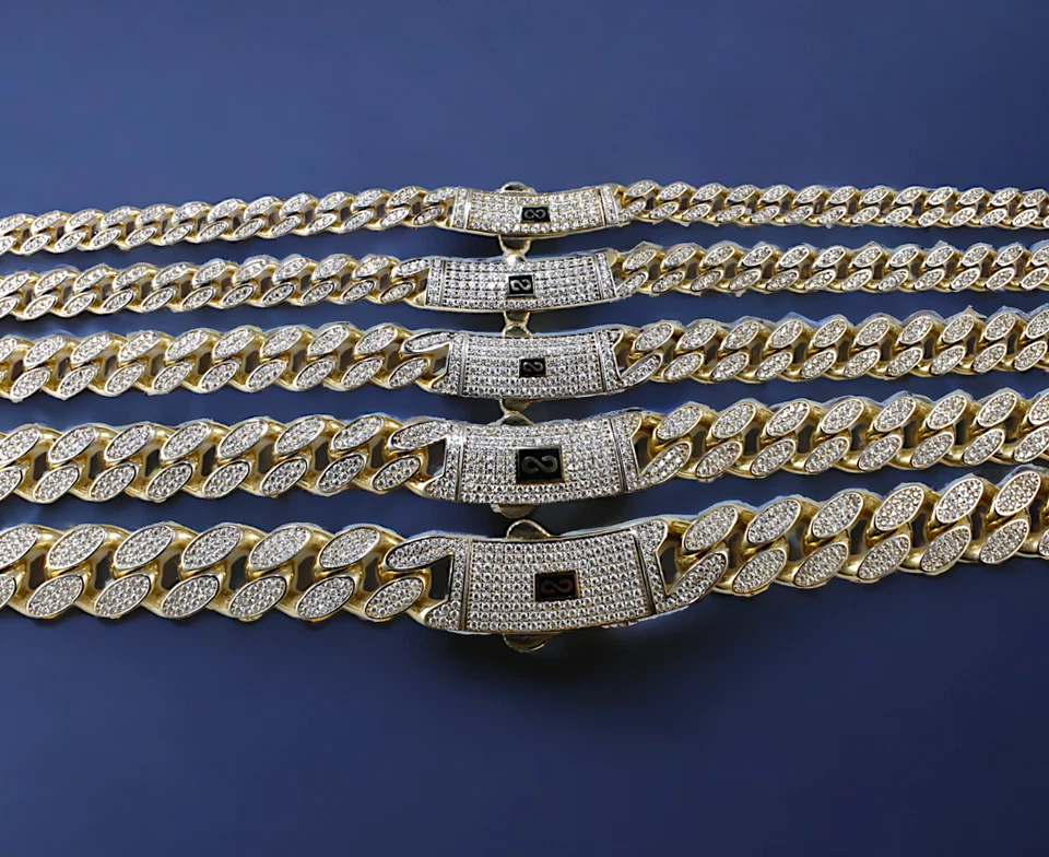 14K Gold Monaco Miami Cuban Link Necklace Bracelet Chain Full CZ 6mm-13mm 7"-30"