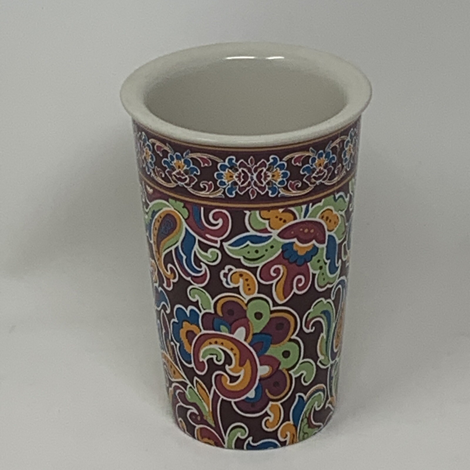 Longaberger Pottery Vitrified Ceramic Cup No Handle Colorful Print Vase Spooner eBay